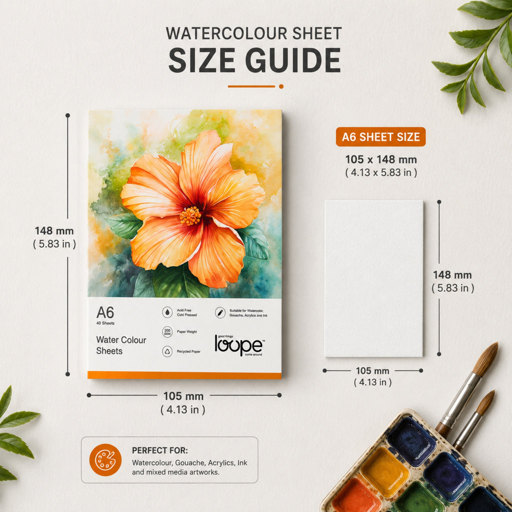 Loope A6 Watercolor Loose Sheets  200 Gsm ColdPress Paper, 30 Sheets